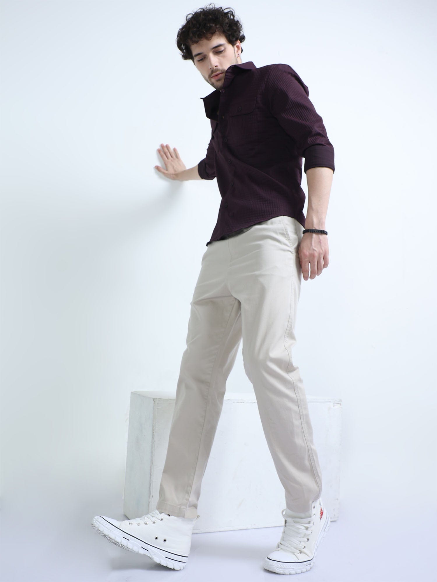 Shop Burnt Maroon Textured Solid Double Pocket ShirtRs. 1099.00