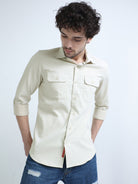 Ivory Textured Solid Double Pocket Shirt