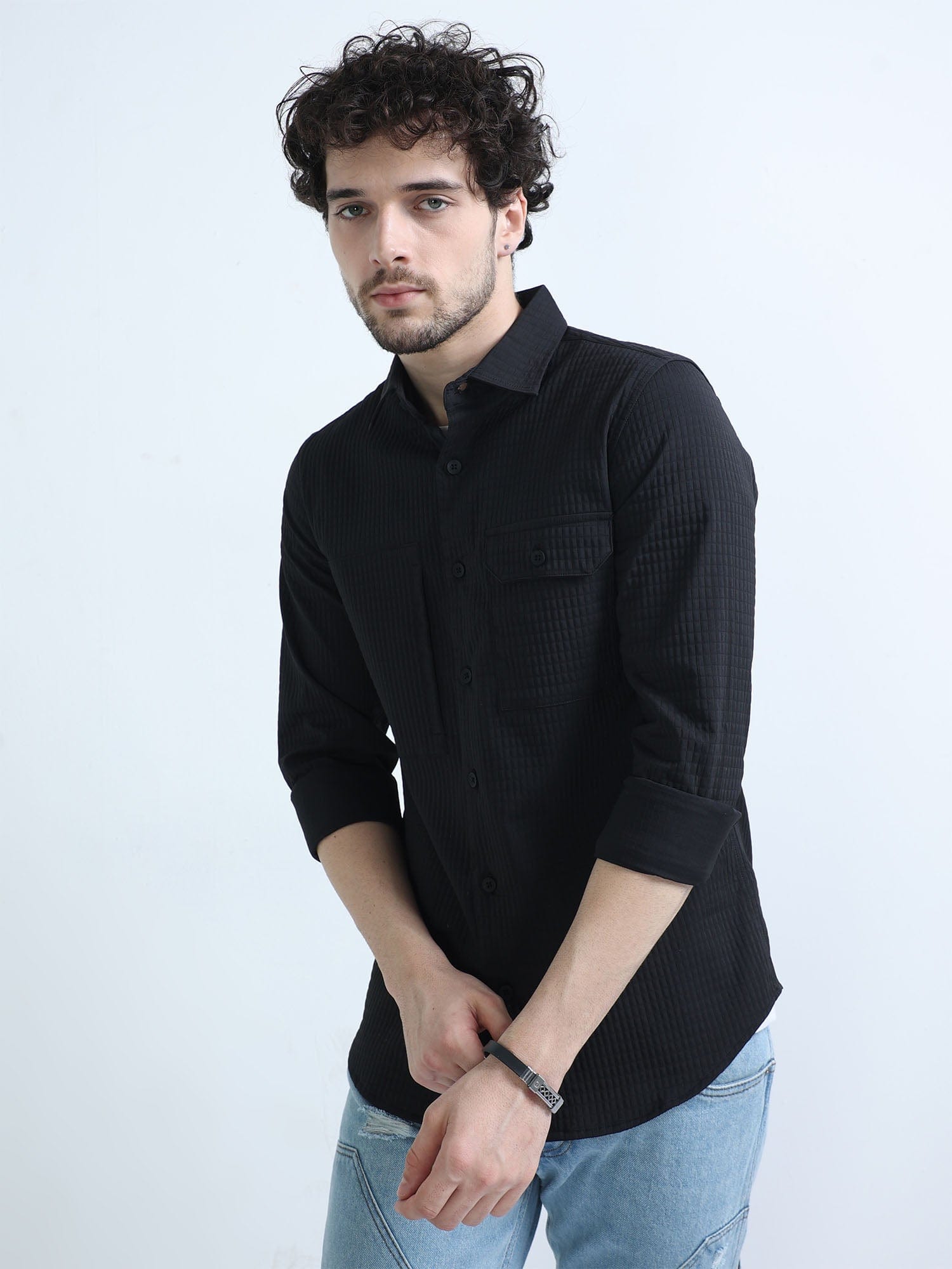 Ink Black Textured Solid Double Pocket Shirt