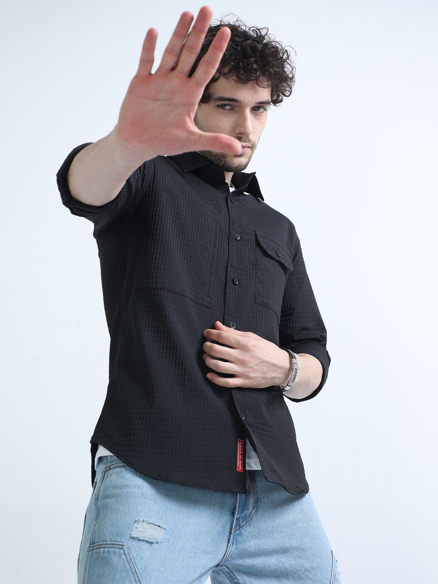 Ink Black Textured Solid Double Pocket Shirt