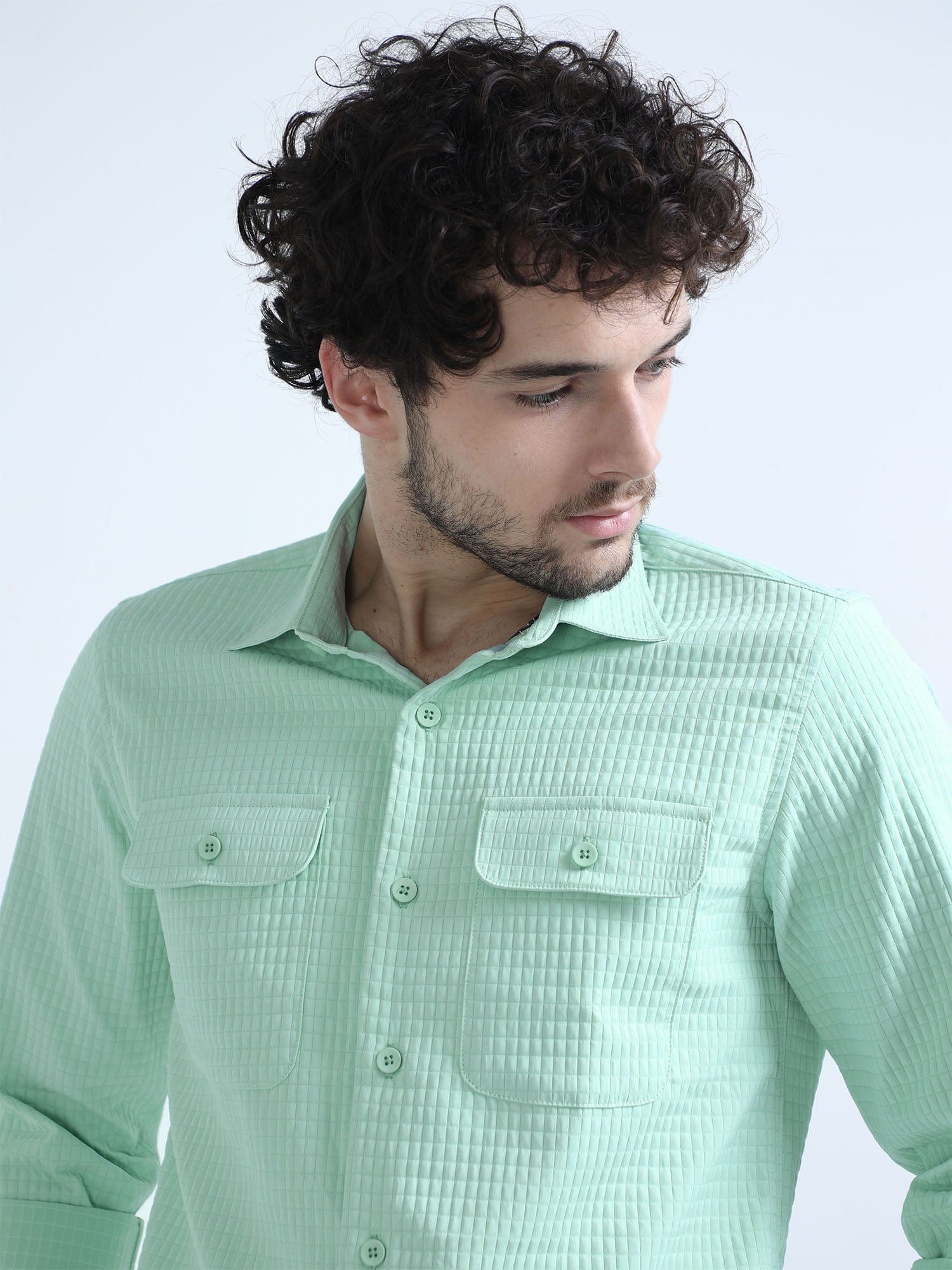 Tea Green Textured Solid Double Pocket Shirt