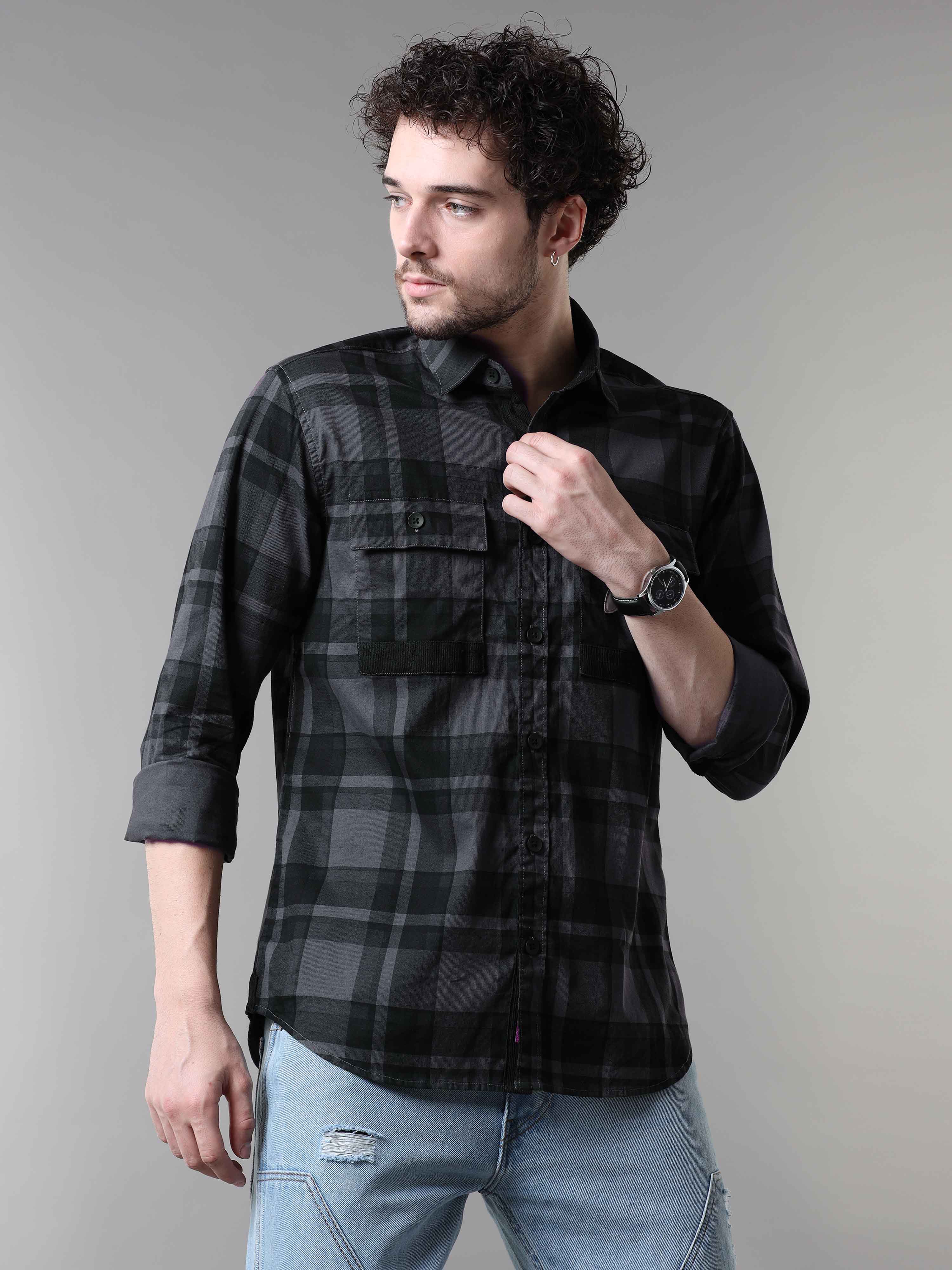 Grey & Black Corduroy Check Double Pocket Shirt