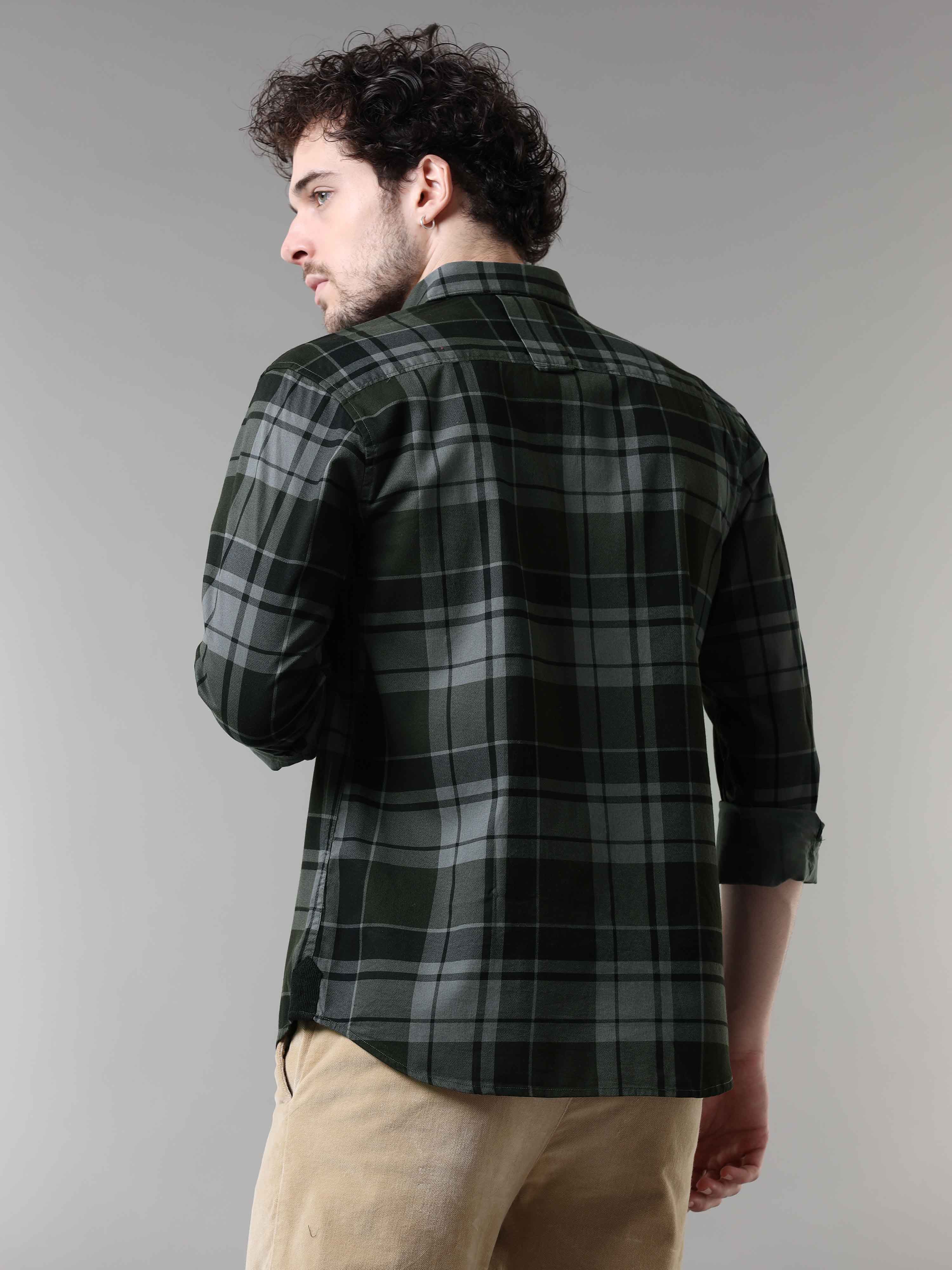 Grey & Green Corduroy Check Double Pocket Shirt