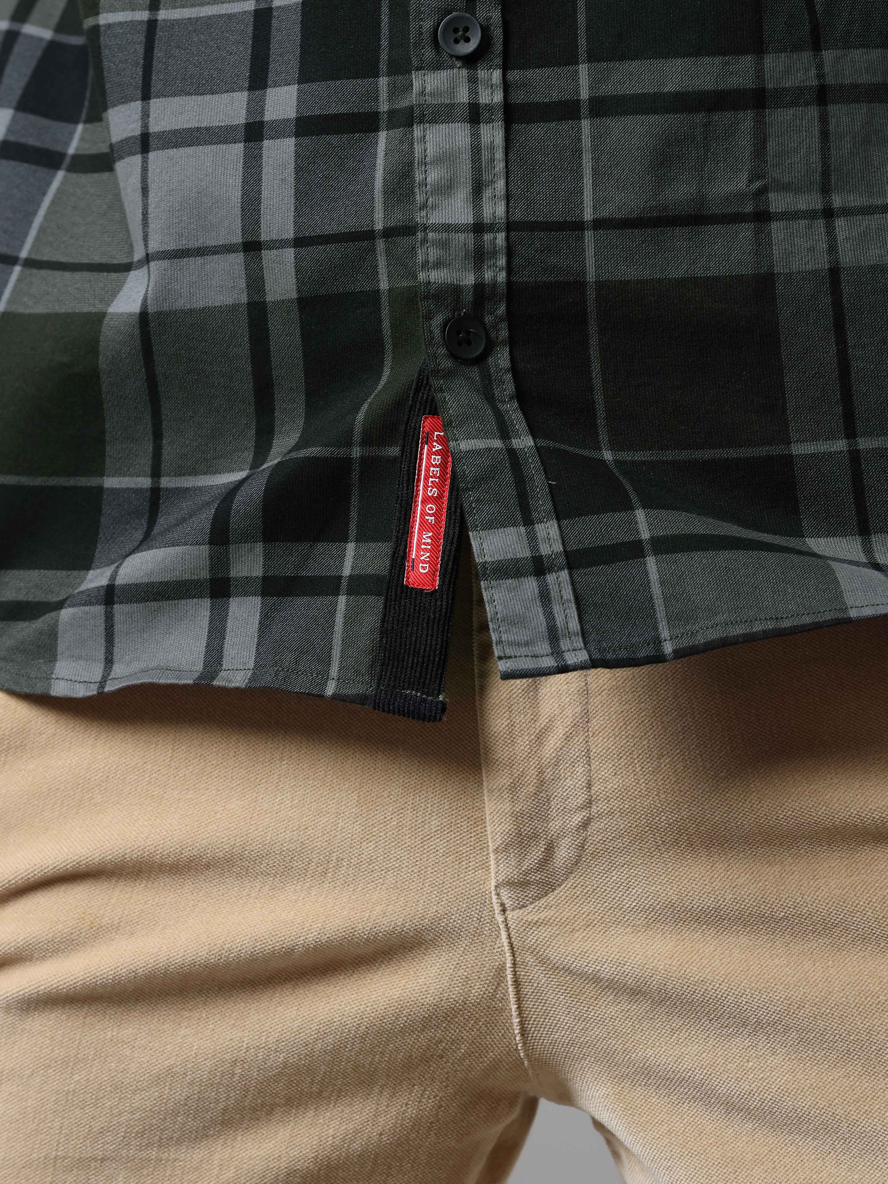 Grey & Green Corduroy Check Double Pocket Shirt