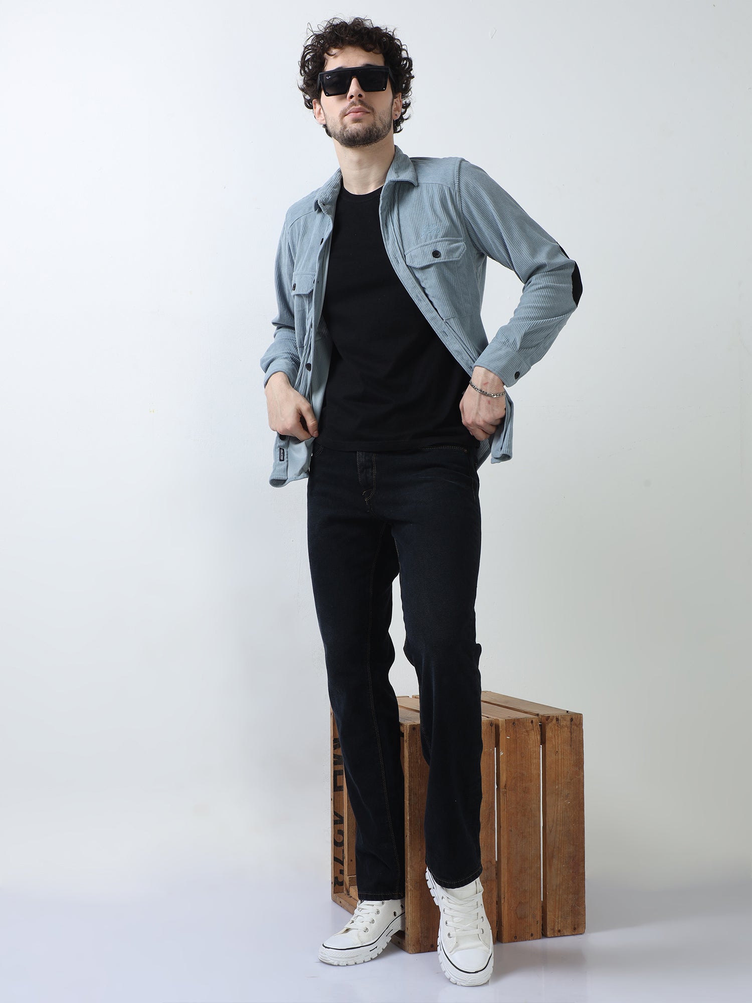 Cadet Blue Corduroy Double Pocket Shirt With Elbow Patch