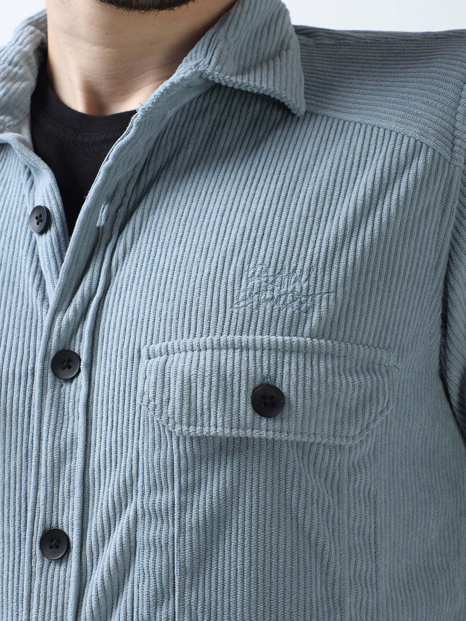 Cadet Blue Corduroy Double Pocket Shirt With Elbow Patch