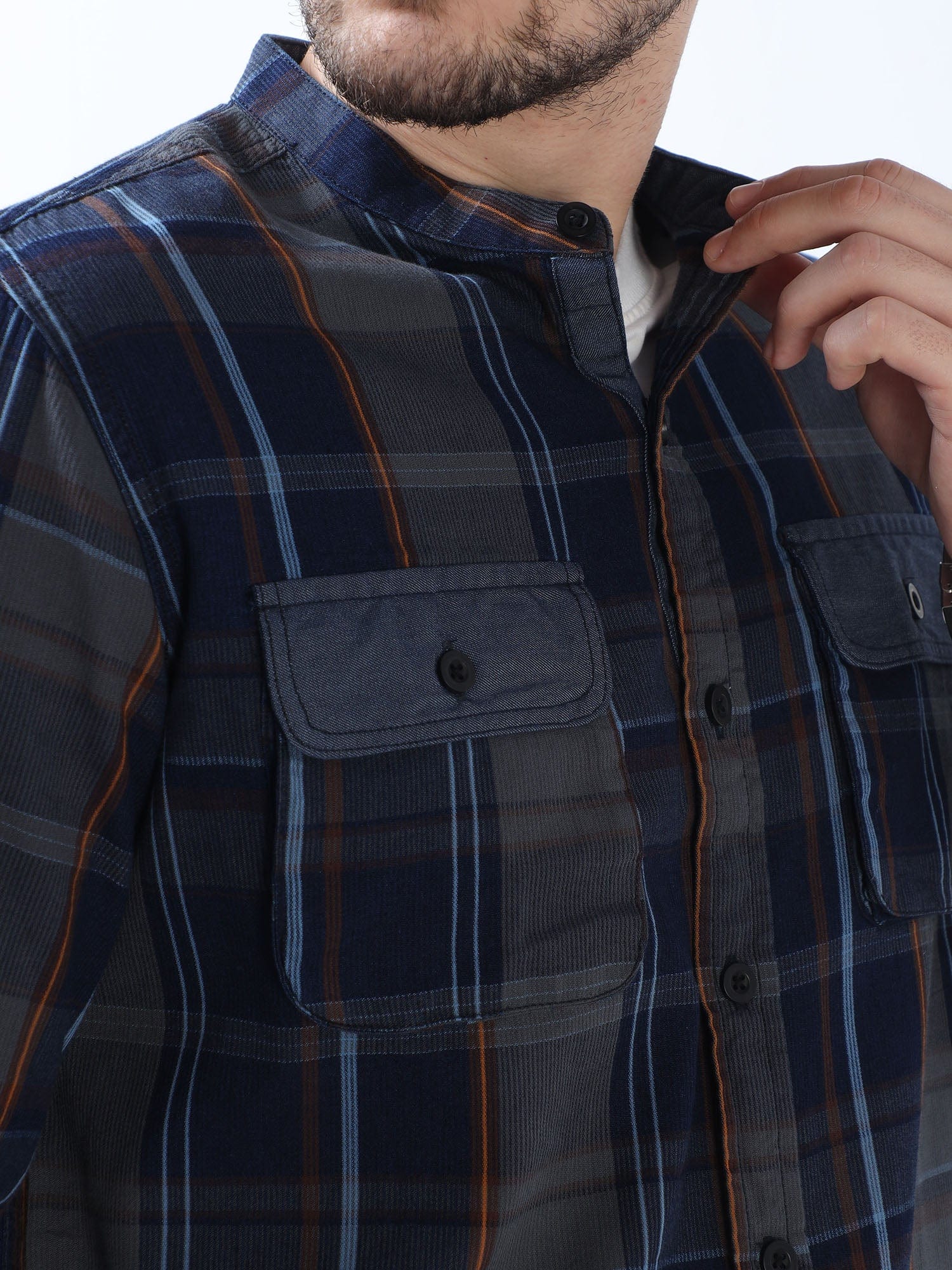 Navy and Turquoise Blue Double Cargo Pocket Shirt for Men