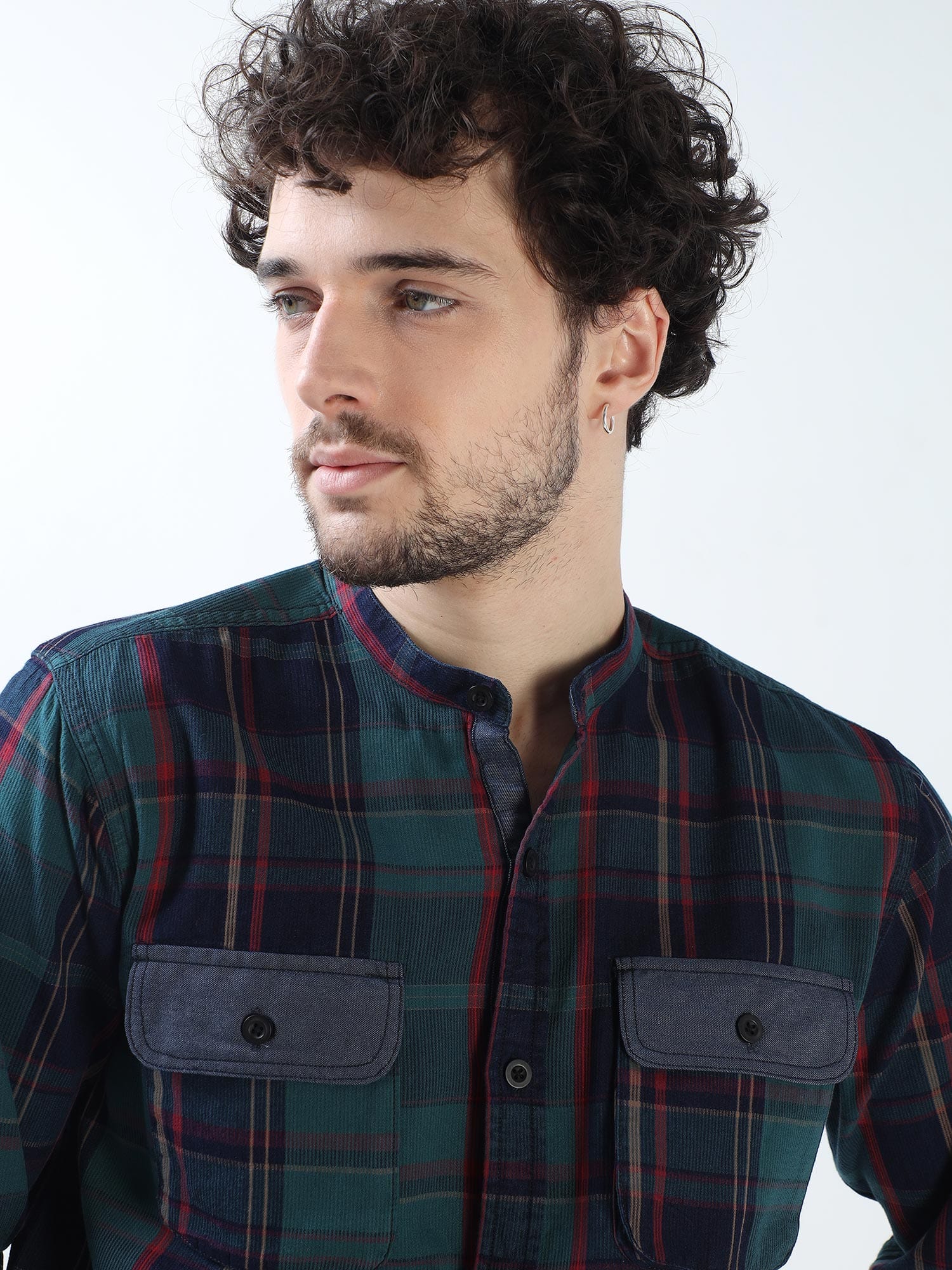 Emerald Green and Navy Blue Double Cargo Pocket Shirt for Men 