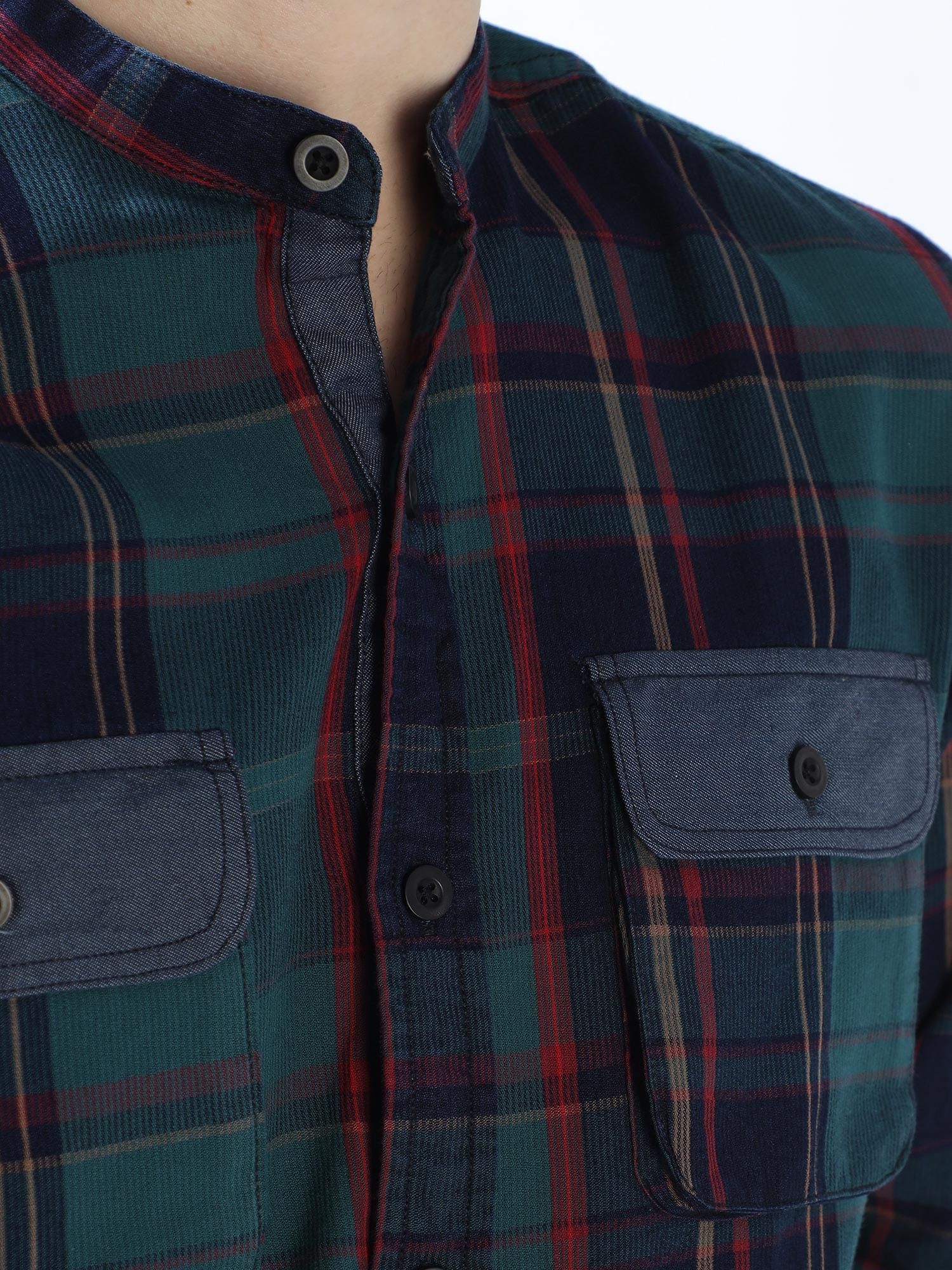 Emerald Green and Navy Blue Double Cargo Pocket Shirt for Men 