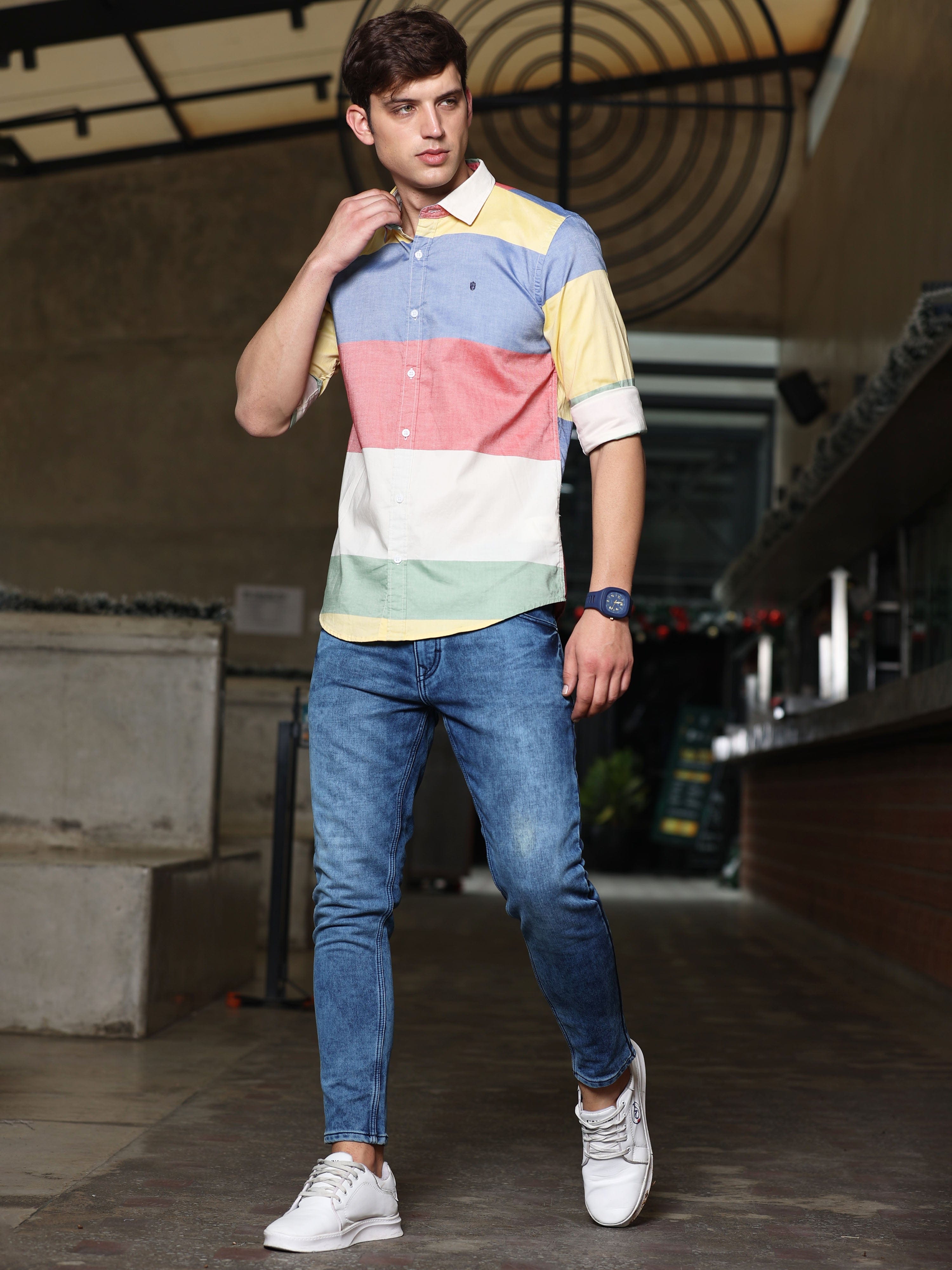 Multi Coloured Elegant Broad Horizontal Stripes Shirt