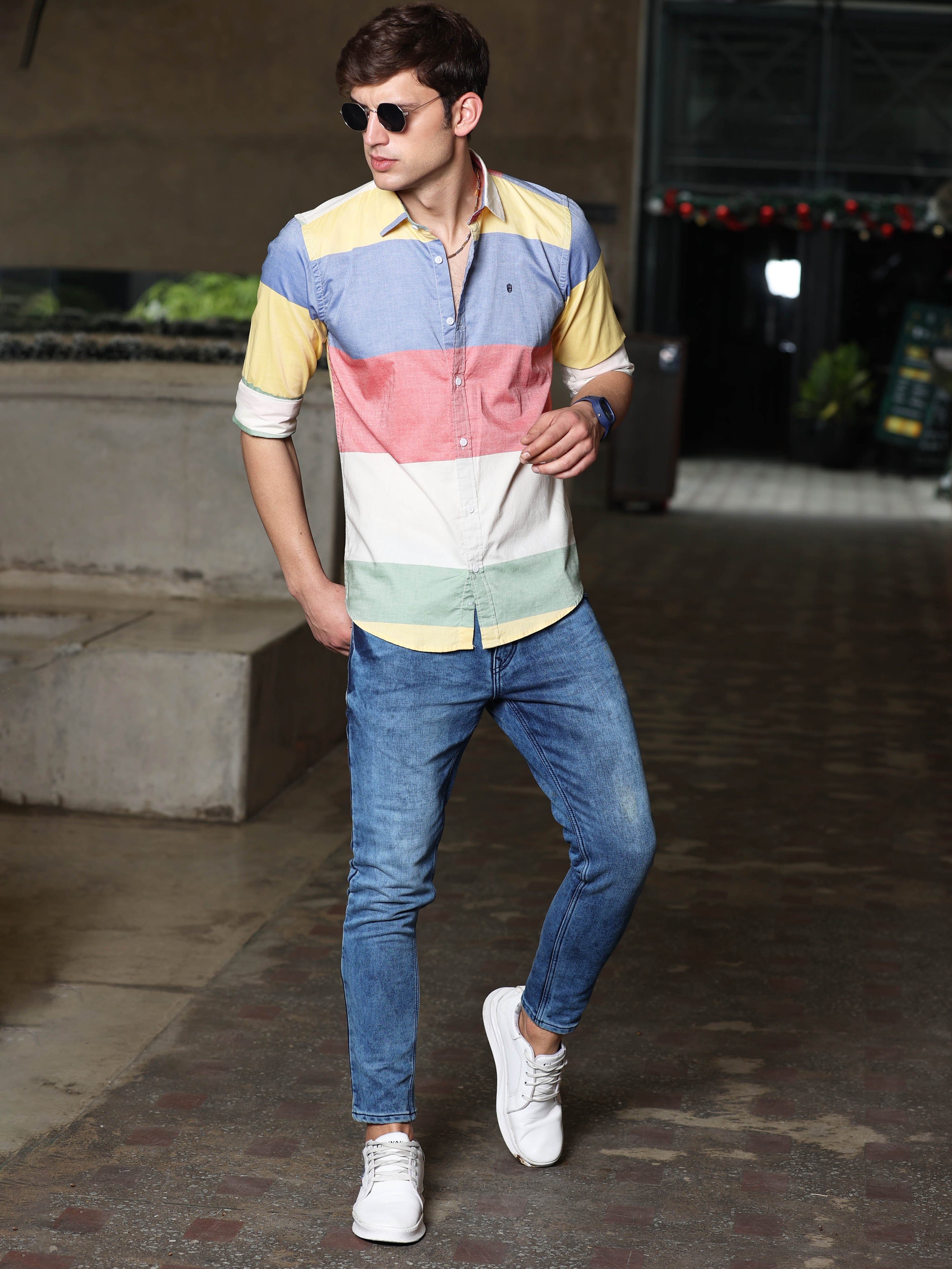 Multi Coloured Elegant Broad Horizontal Stripes Shirt