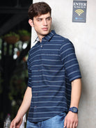 Buy Latest Navy Blue Cotton Striped Shirt For Men OnlineRs. 699.00