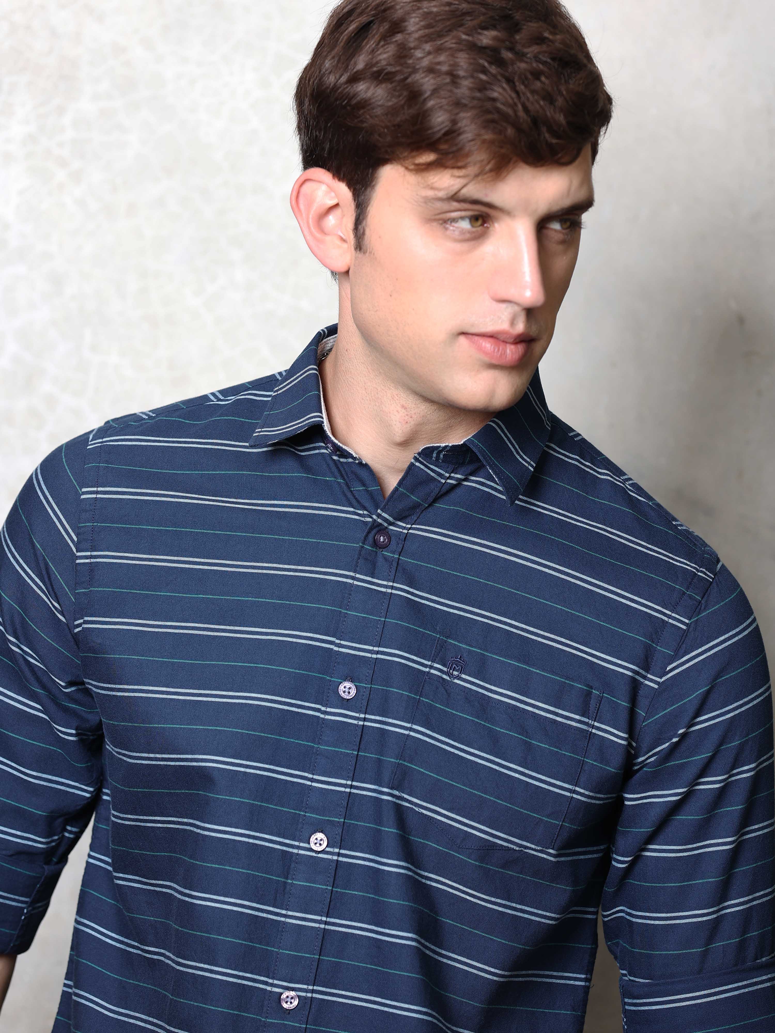 Buy Latest Navy Blue Cotton Striped Shirt For Men OnlineRs. 699.00