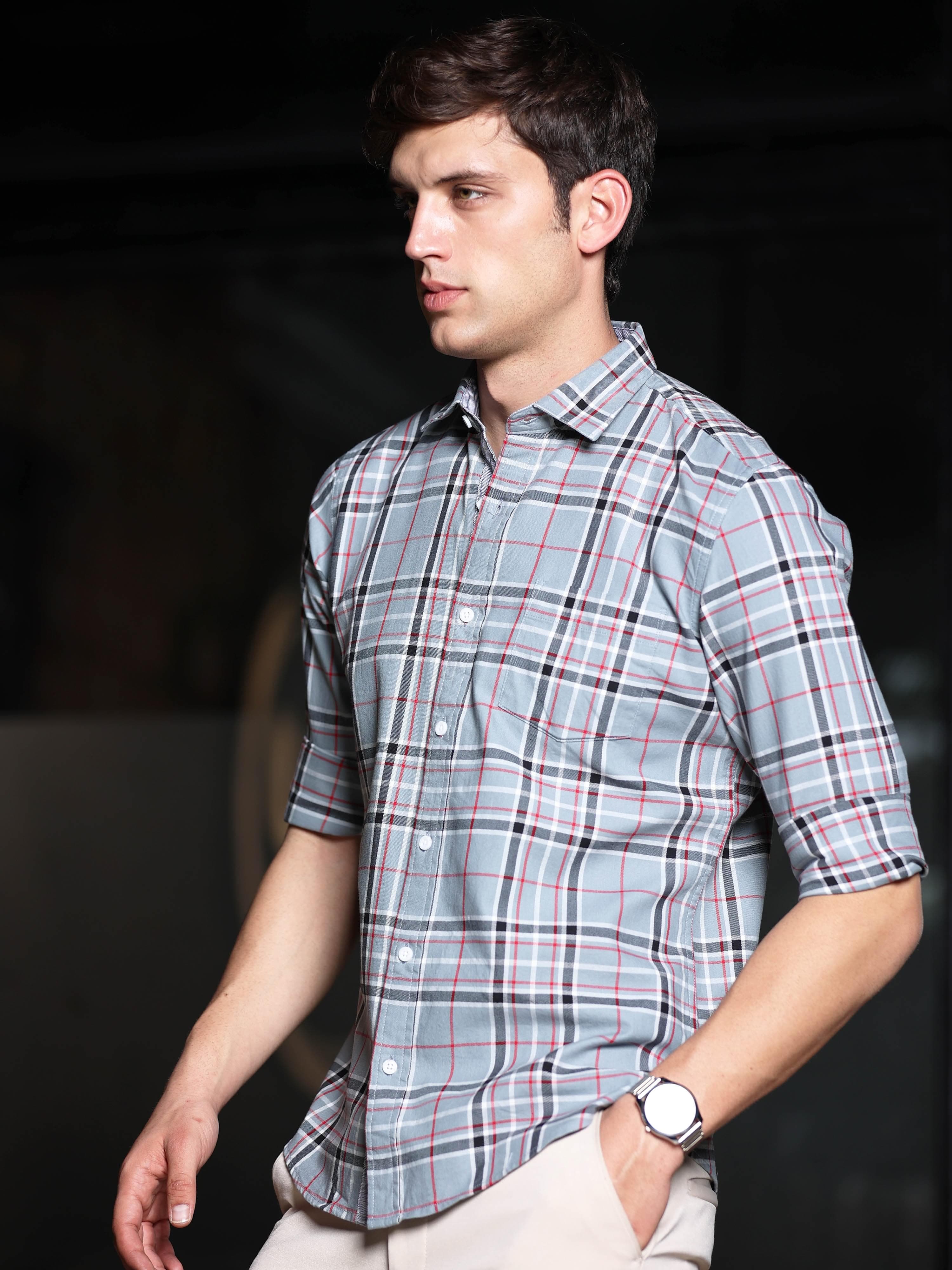 Shop Trendy Light Grey Check Shirt for Men OnlineRs. 1399.00