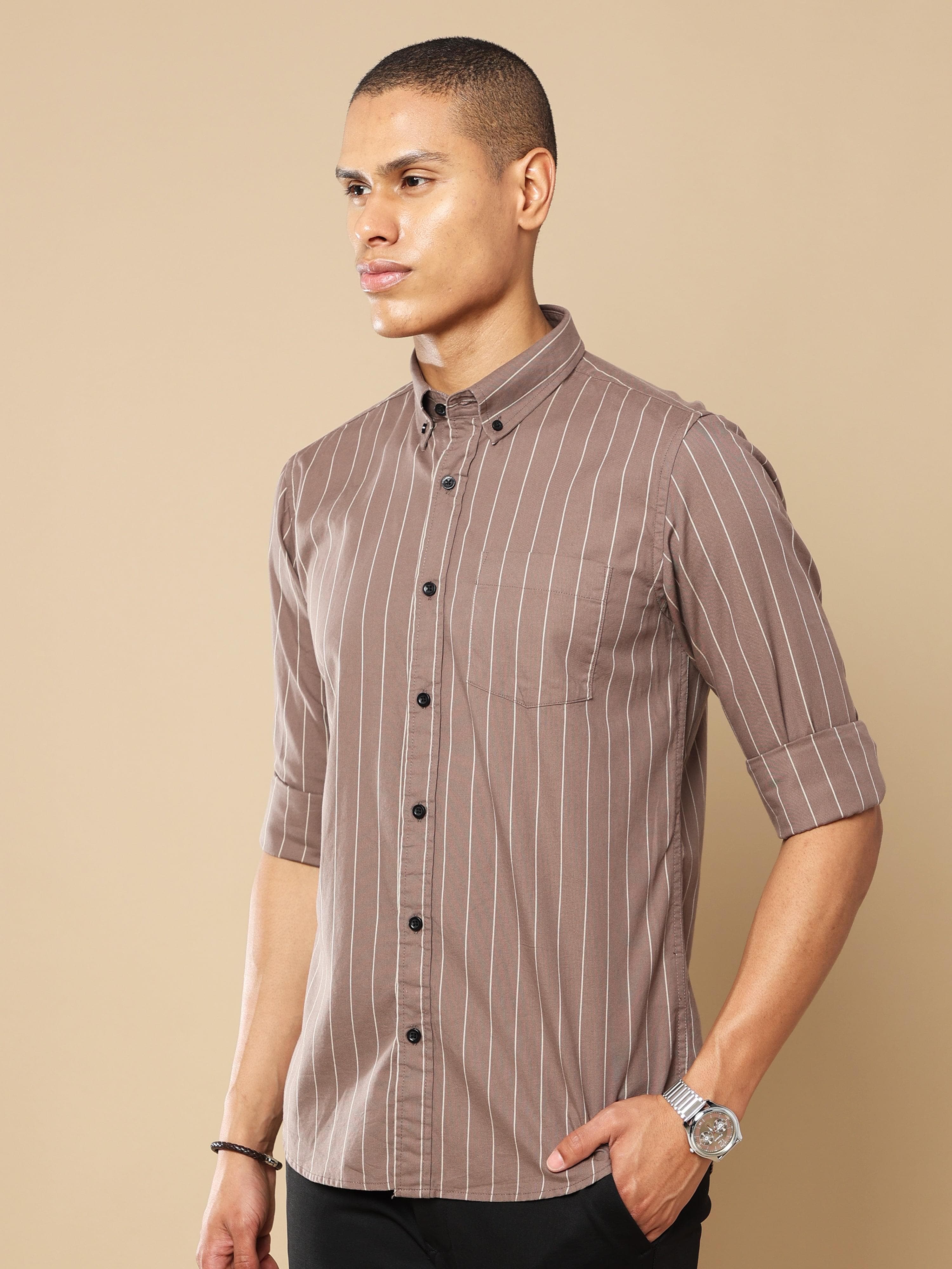 Shop Cool And Comfortable Brown Striped Shirt At Great PriceRs. 1099.00