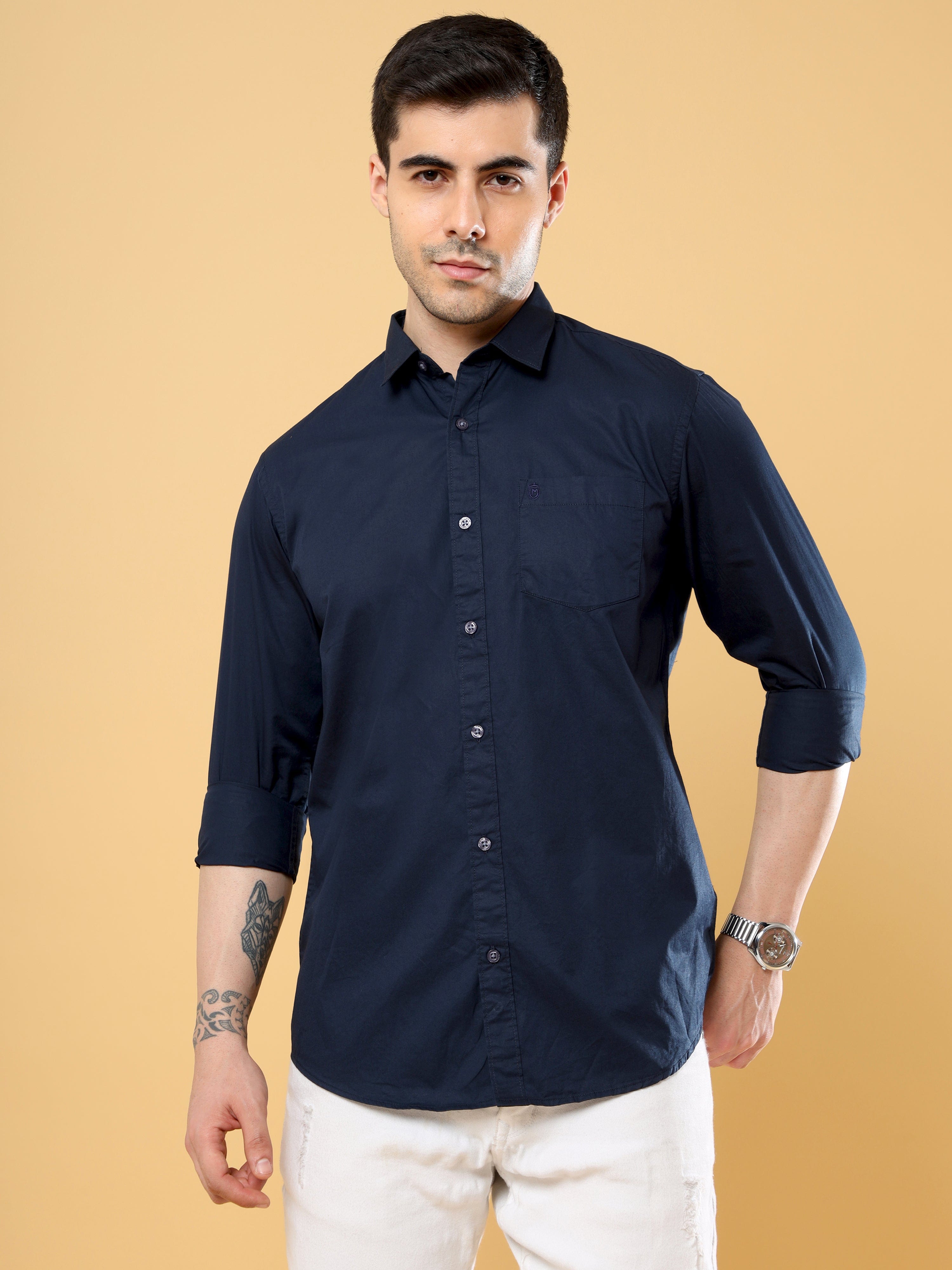 Shop Latest Solid Poplin Navy Blue Colour Shirt OnlineRs. 799.00
