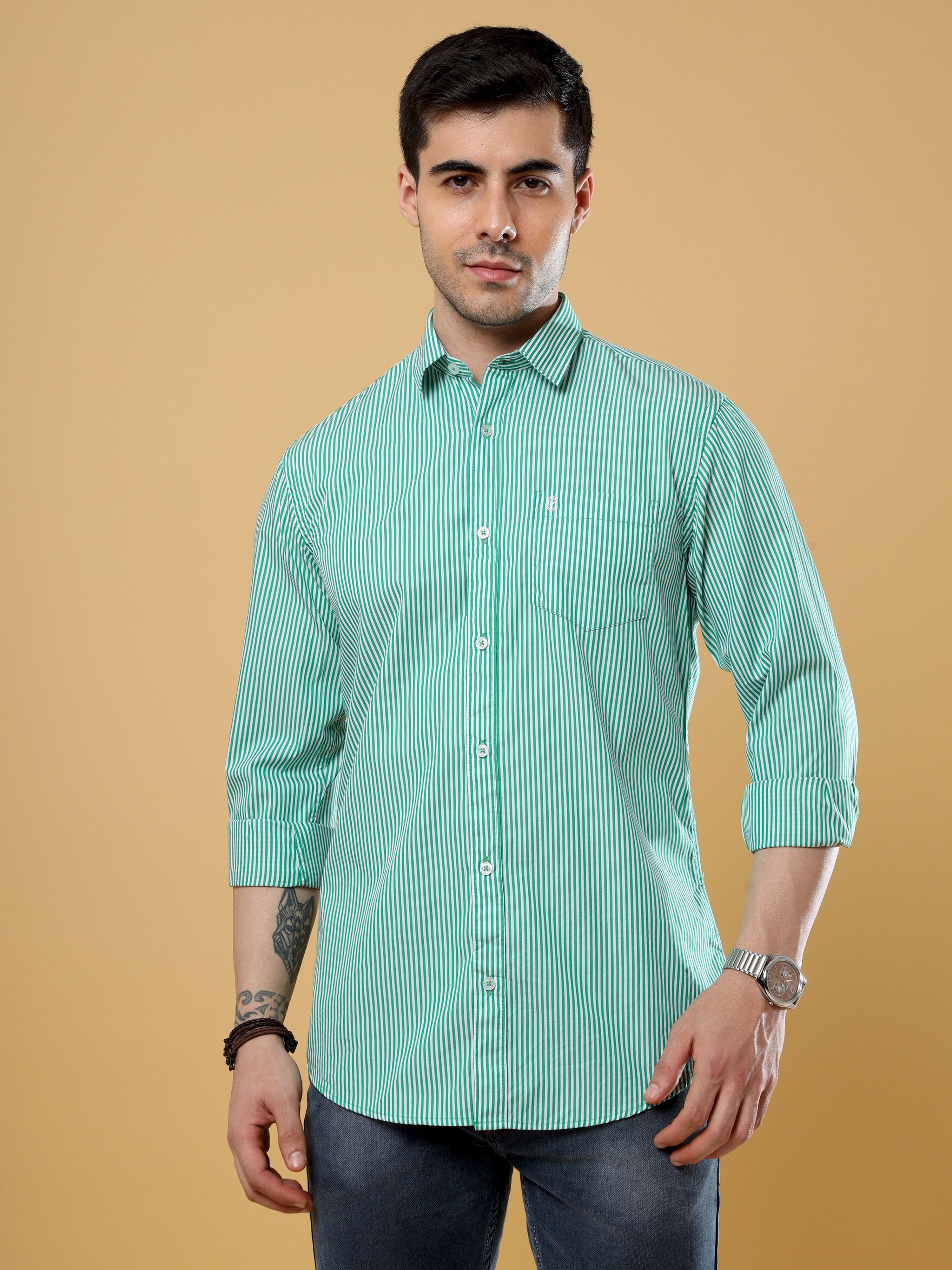 Buy Trendy White And Green Striped Shirt Full Sleeve OnlineRs. 699.00