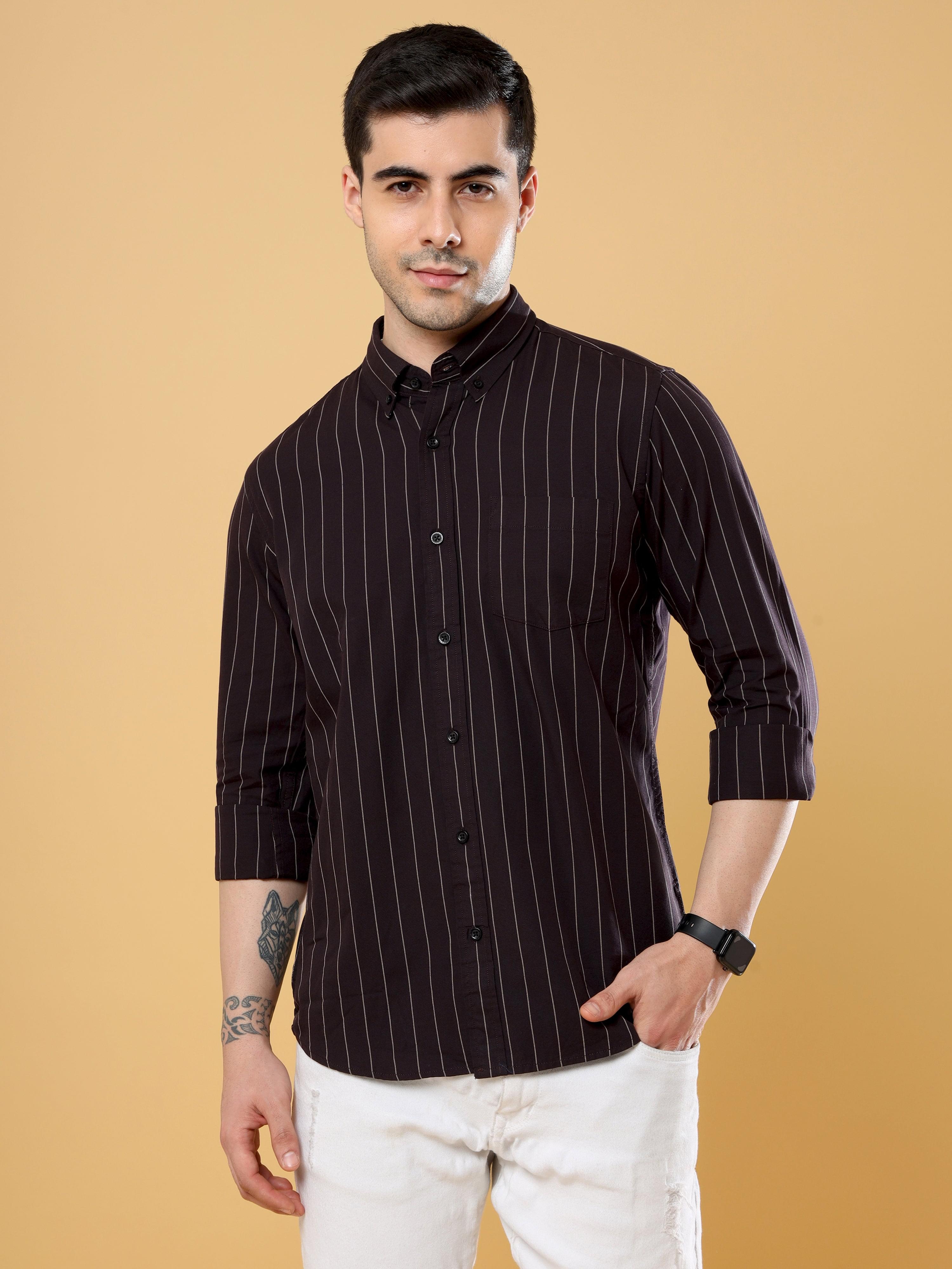 Coffee Brown Premium Oxford Vertical Stripes Shirt